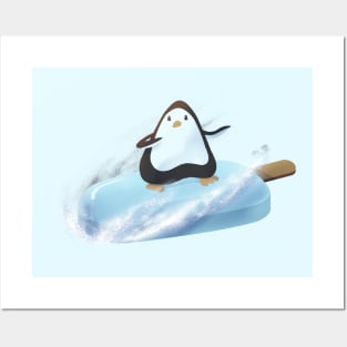 Ice Block Penguin Sledding Snowboard Posters and Art